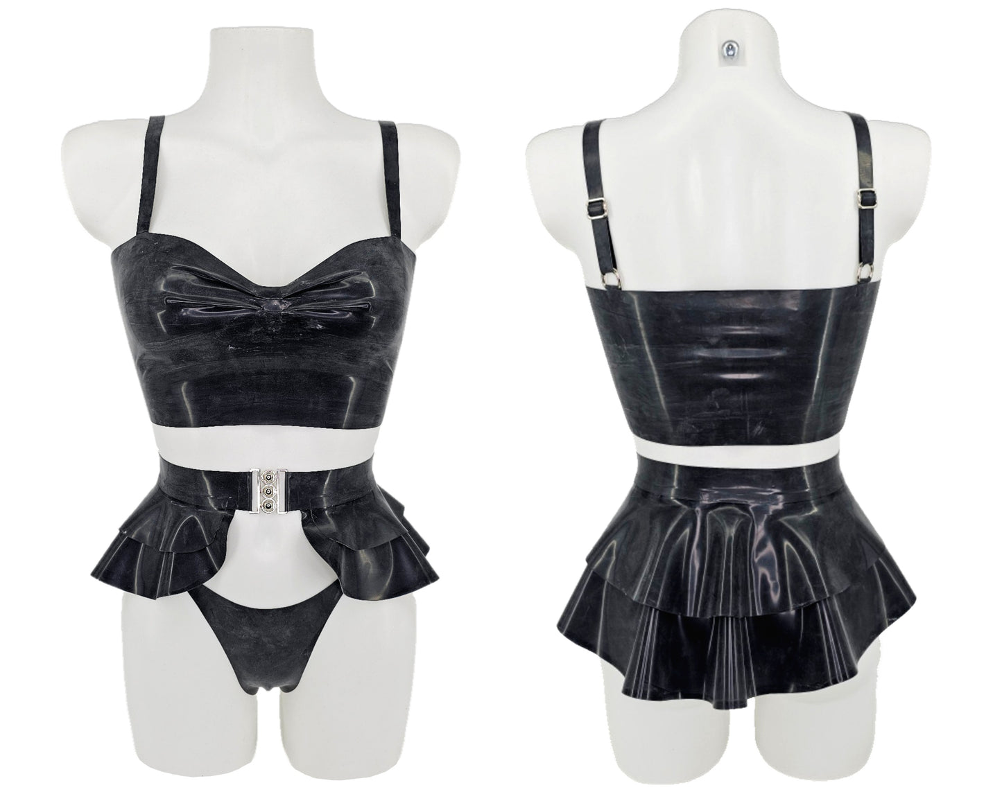 Size S or M Pink latex bandeau top, peplum belt and thong set - Lottielatex