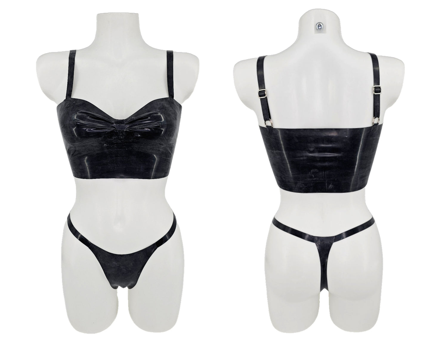 Size S or M Pink latex bandeau top, peplum belt and thong set - Lottielatex
