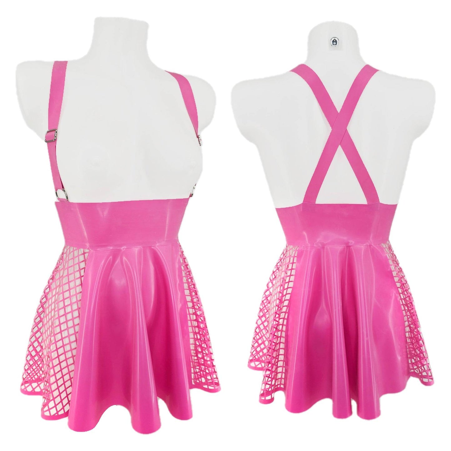 Latex fishnet paneled full circle mini skater skirt with adjustable braces (silver, gold or rainbow rings)