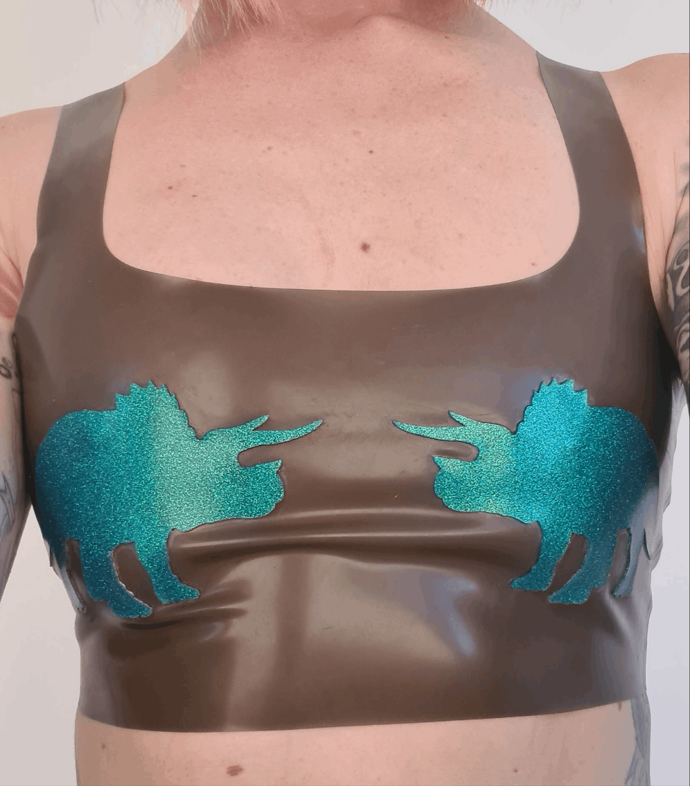 Latex crop top with hearts/dinos/shells