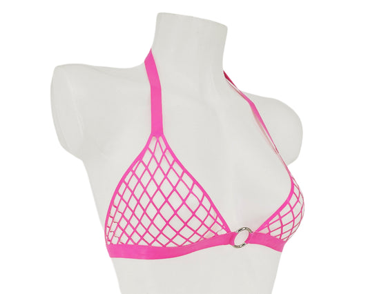 Lasercut latex fishnet halter bikini top with ring (silver, gold or rainbow ring) - Lottielatex