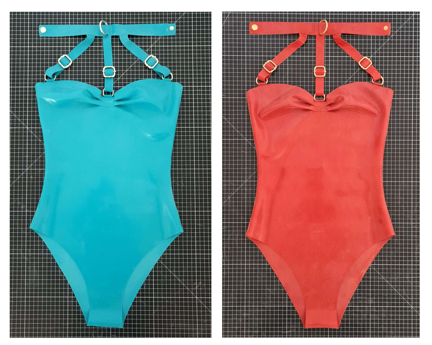 Latex harness bandeau bodysuit (silver, gold or rainbow hardware)