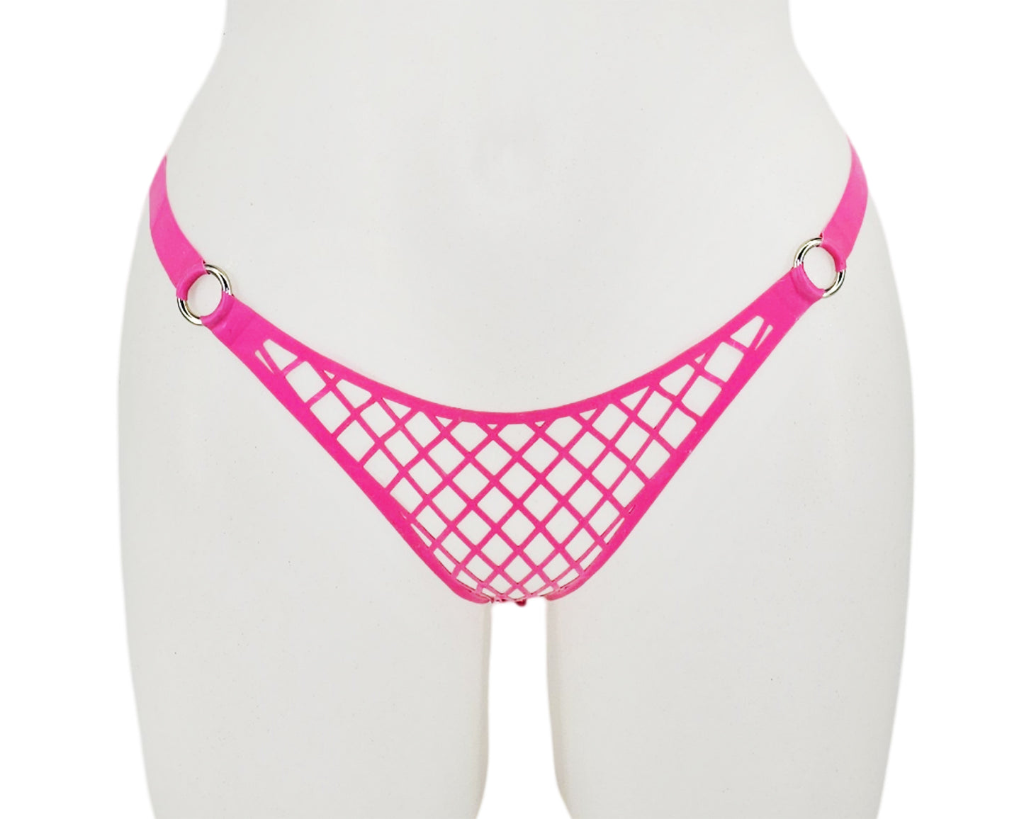 Lasercut latex fishnet thong with rings (silver, gold or rainbow) - Lottielatex