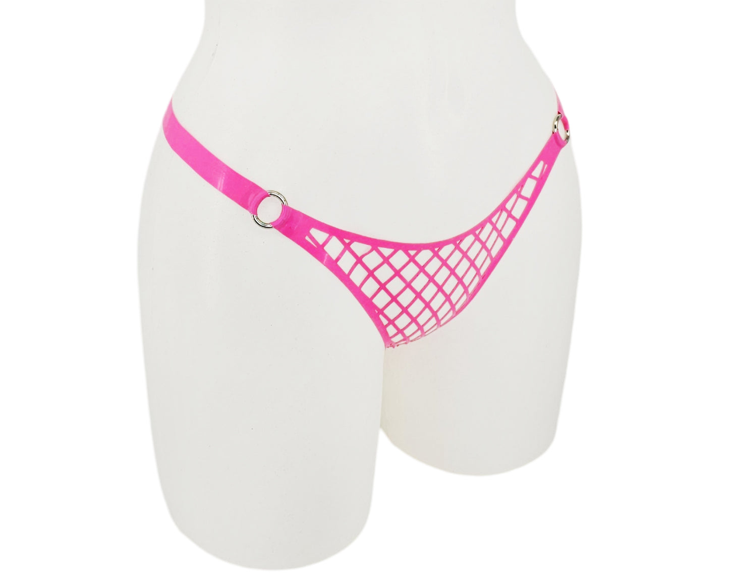 Lasercut latex fishnet thong with rings (silver, gold or rainbow) - Lottielatex