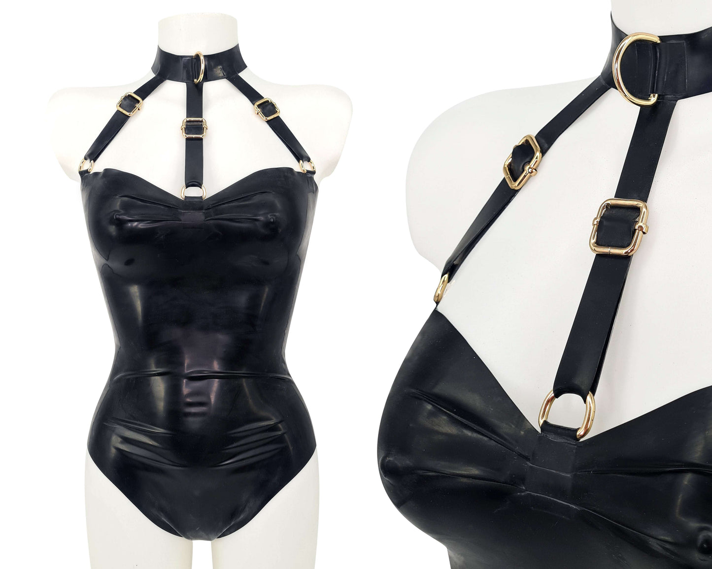 Latex harness bandeau bodysuit (silver, gold or rainbow hardware)