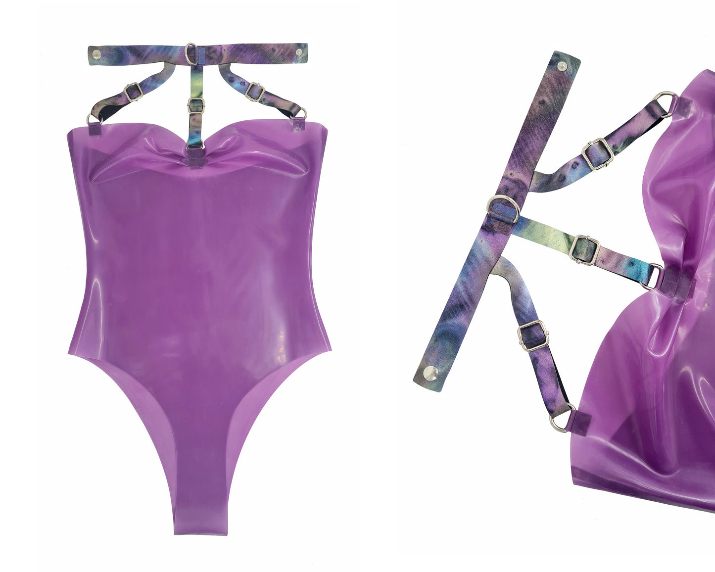 Latex harness bandeau bodysuit (silver, gold or rainbow hardware) - Lottielatex