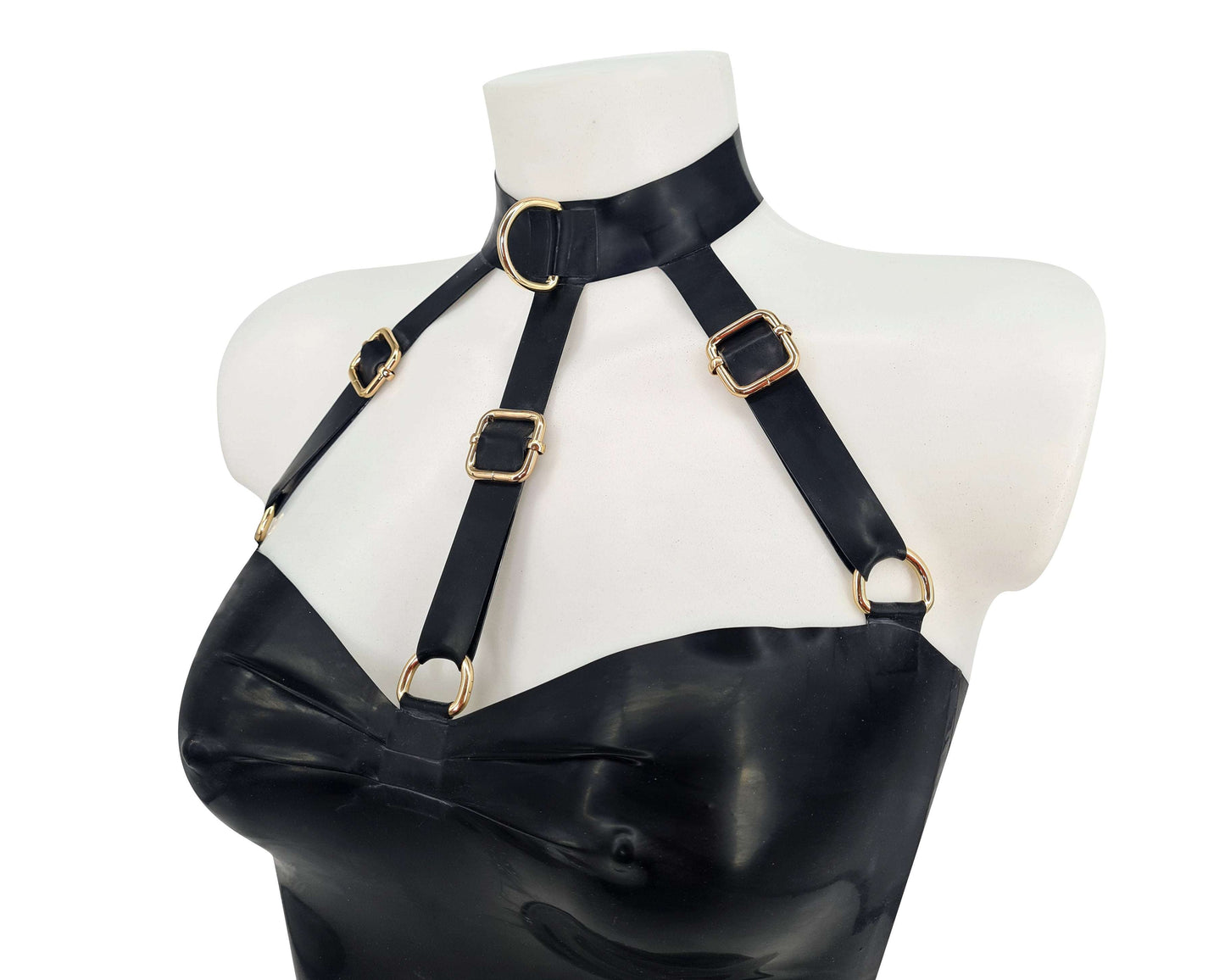 Latex harness bandeau bodysuit (silver, gold or rainbow hardware)