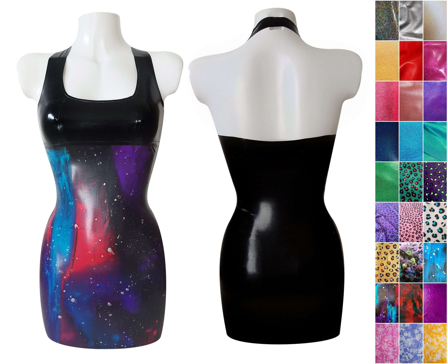 Glitter/pattern latex halter mini dress
