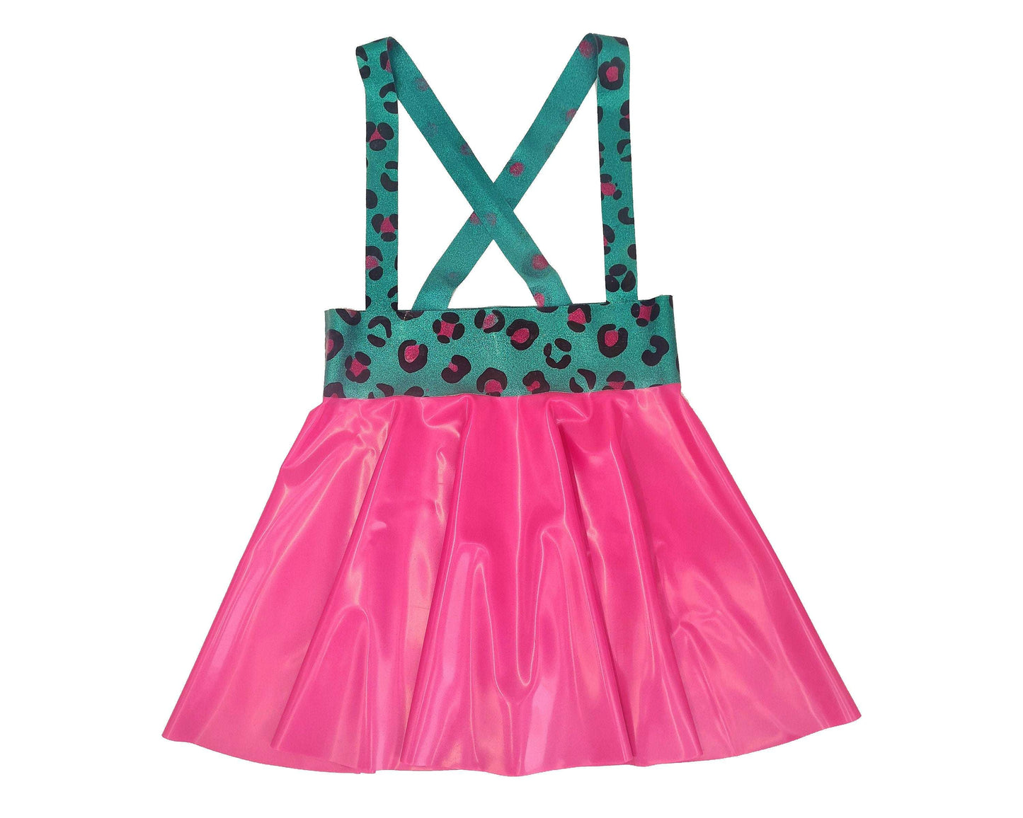 Custom latex high waist mini skater skirt with braces (leopard/glitter/marble...)