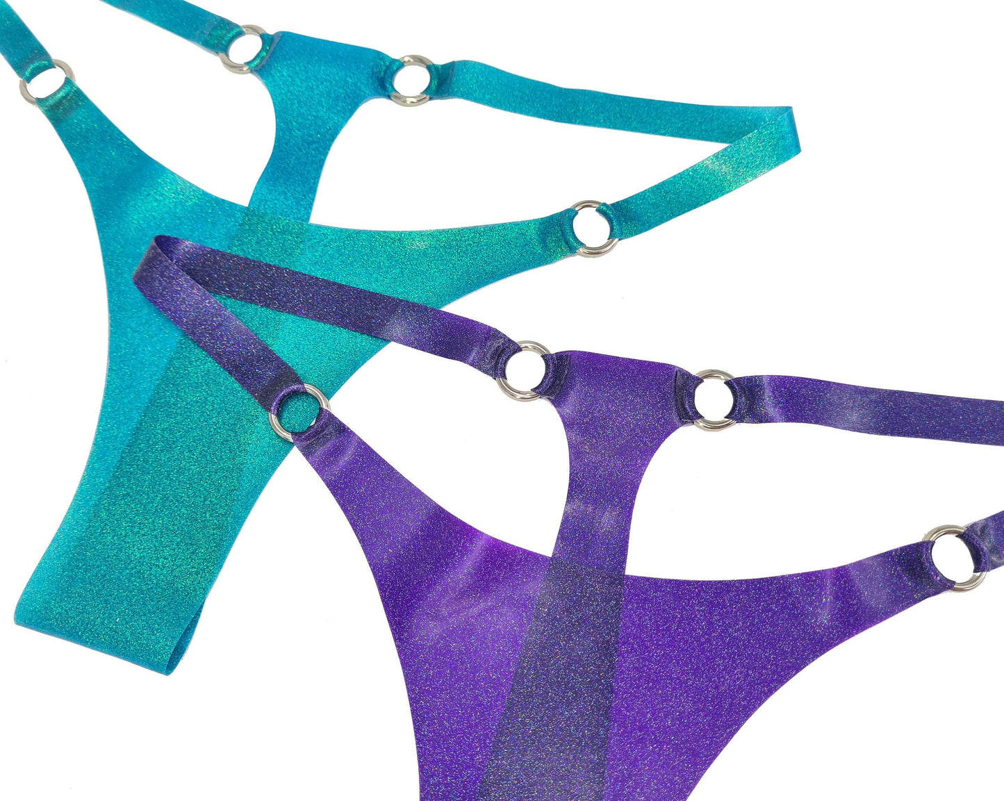 Glitter/pattern latex thong with rings (gold or rainbow rings)