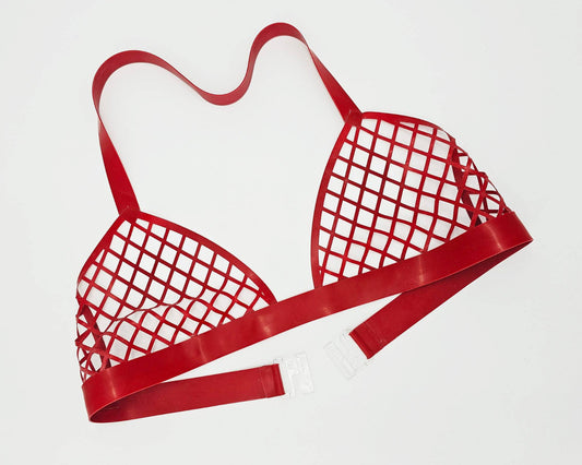 Lasercut latex fishnet halter bikini top red lottie latex