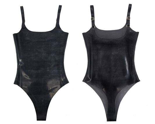 Latex thong bodysuit with adjustable straps (silver, gold or rainbow hardware) - Lottielatex