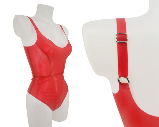 READY TO SHIP size S Latex panelled thong bodysuit with adjustable straps - Lottielatex