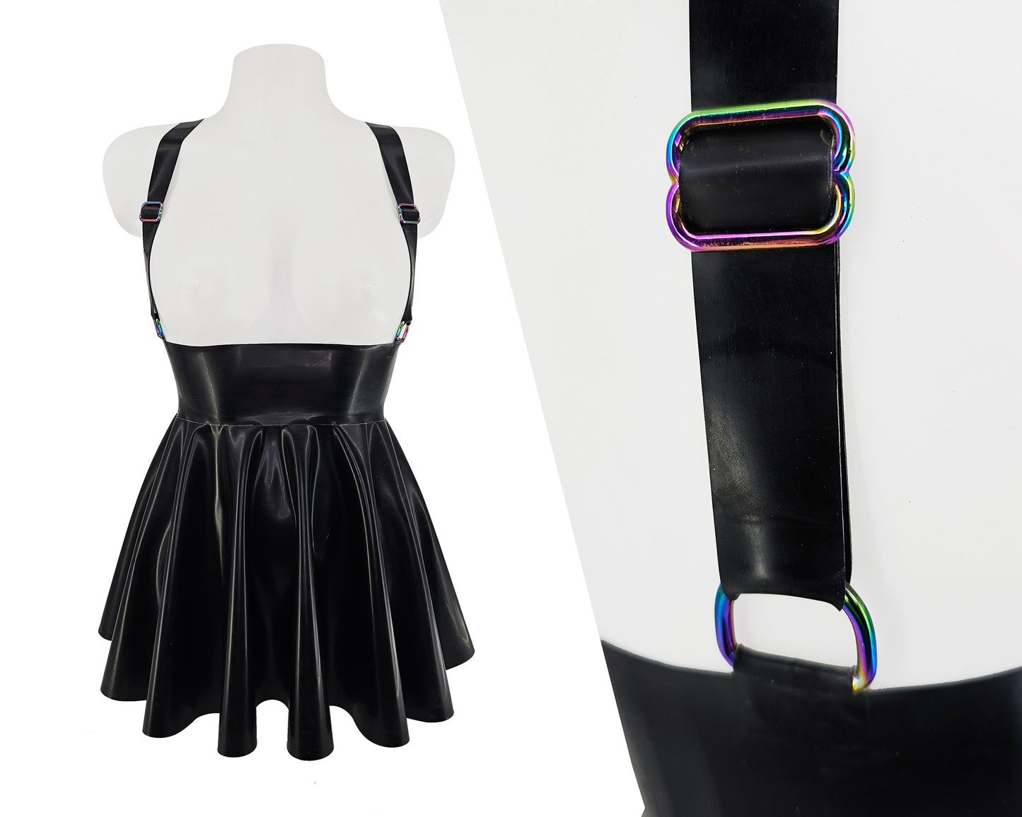 High waist latex full circle mini skater skirt with adjustable braces (silver, gold or rainbow rings) - Lottielatex