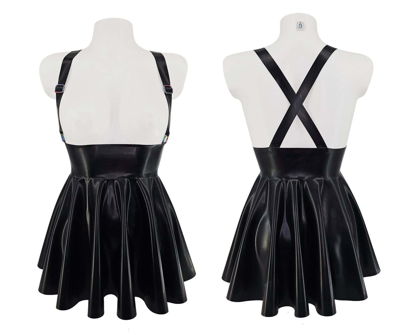 High waist latex full circle mini skater skirt with adjustable braces (silver, gold or rainbow rings) - Lottielatex