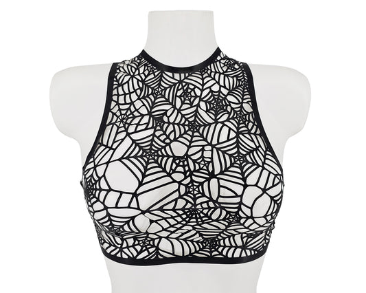 Lasercut latex spiderweb muscle crop top