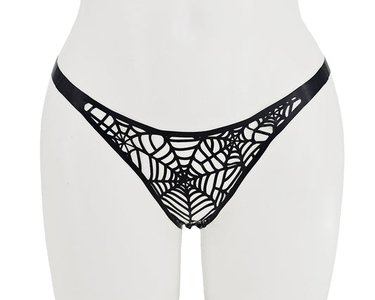 Lasercut latex spiderweb thong with spider