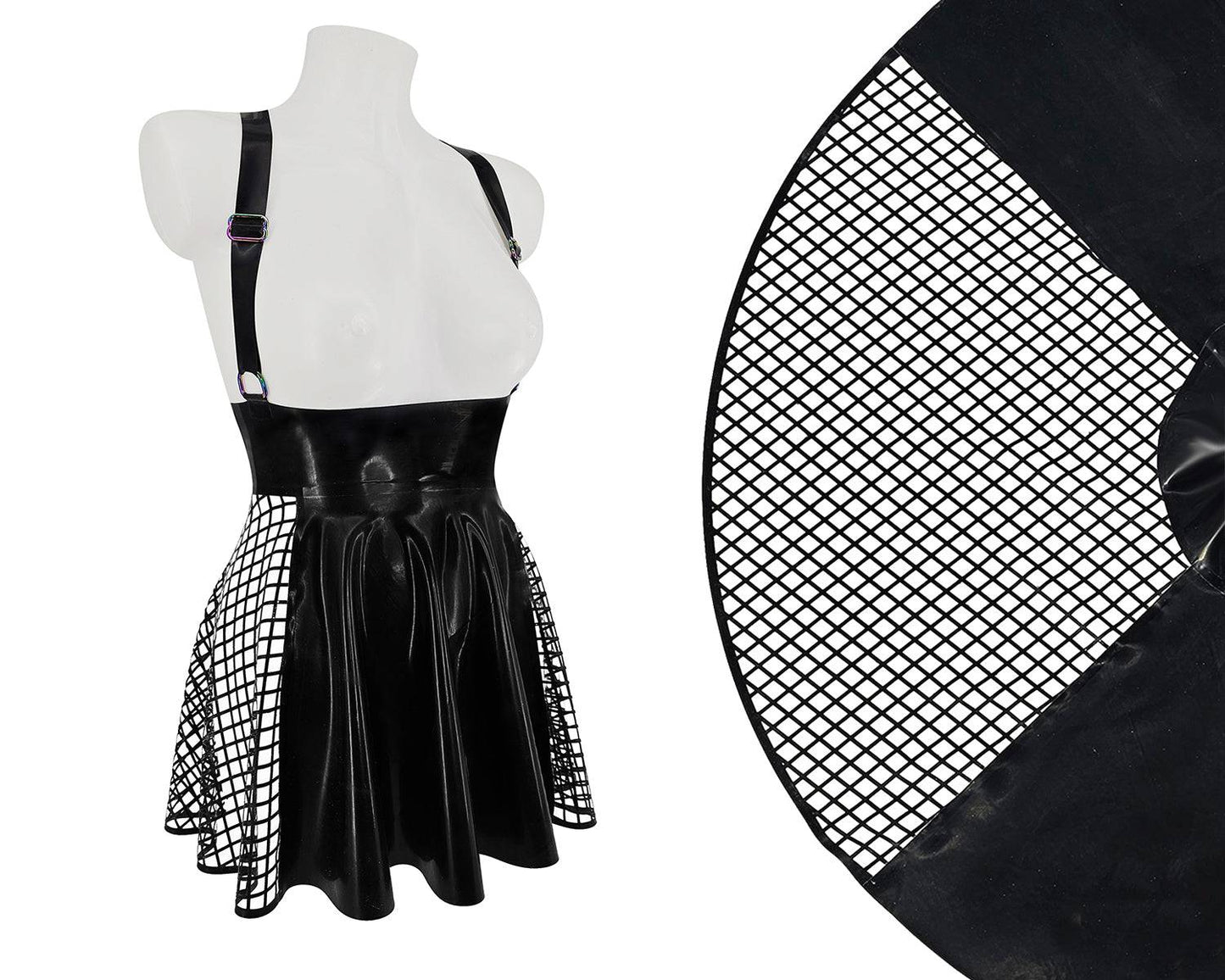 Latex fishnet paneled full circle mini skater skirt with adjustable braces (silver, gold or rainbow rings)