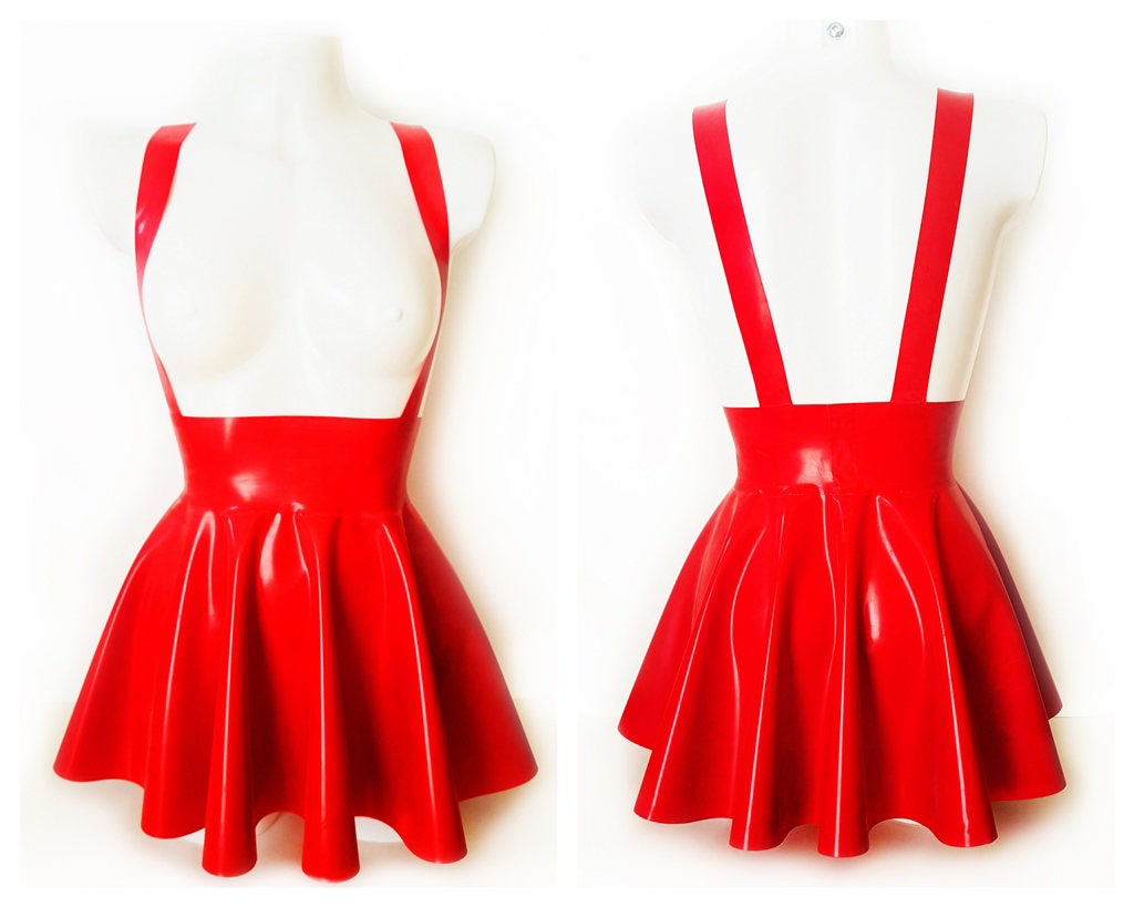 High waist latex full circle mini skater skirt with braces - Lottielatex