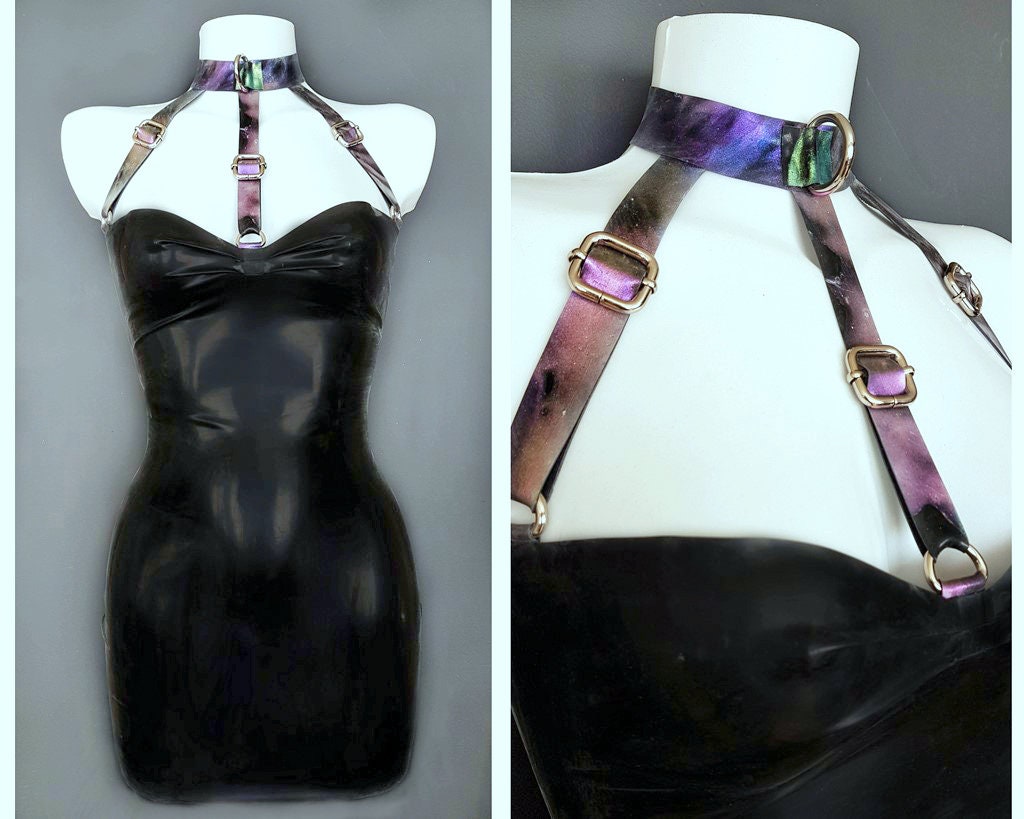 Latex harness bandeau mini dress (silver, gold or rainbow hardware) - Lottielatex