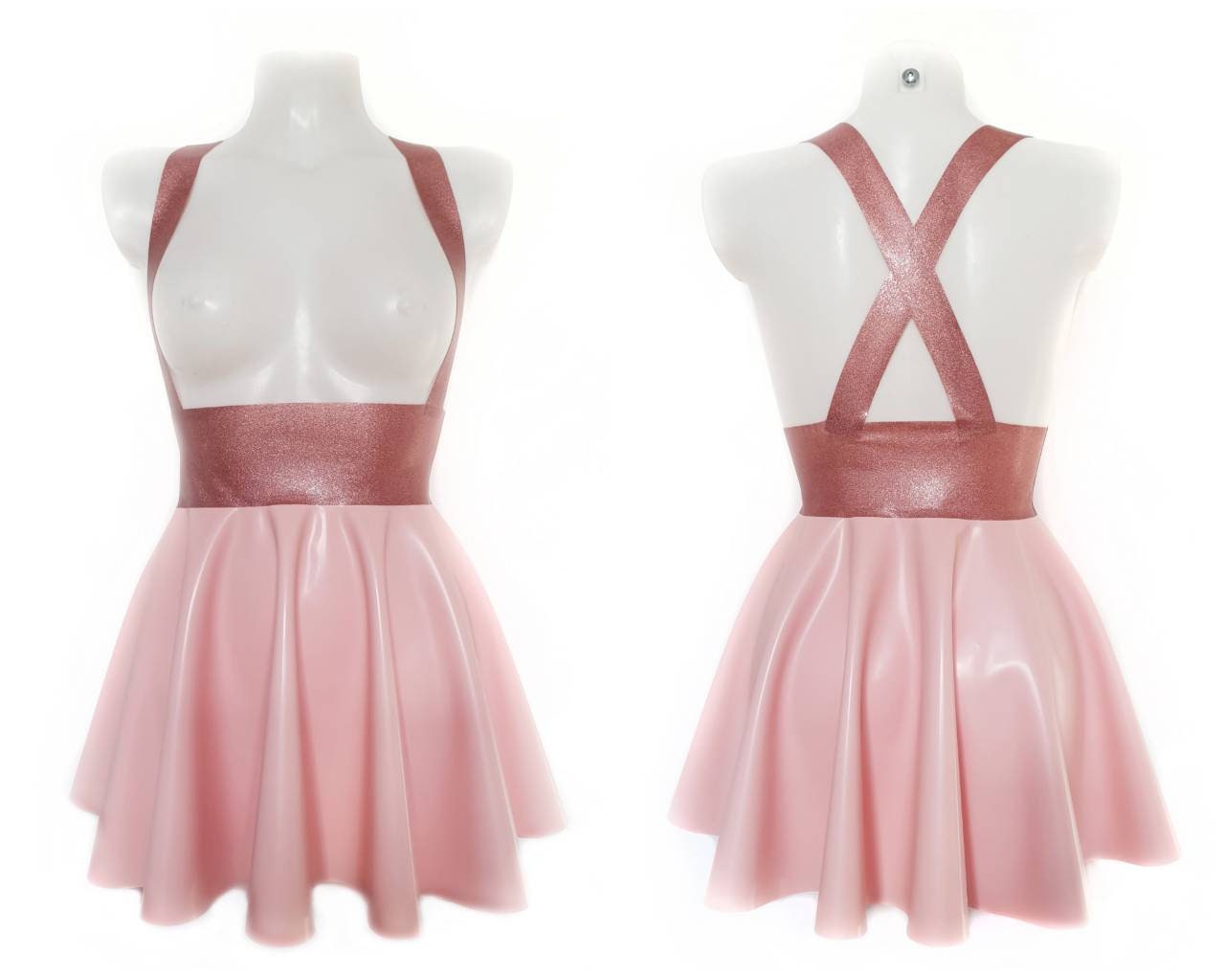 Custom latex high waist mini skater skirt with braces (leopard/glitter/marble...) - Lottielatex
