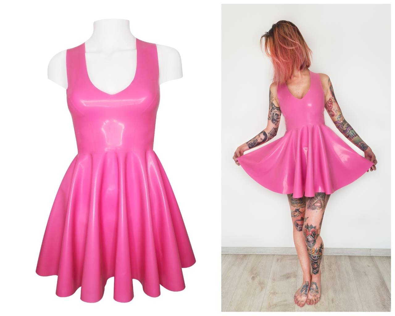 XS-3XL Mini robe patineuse en latex à col en V