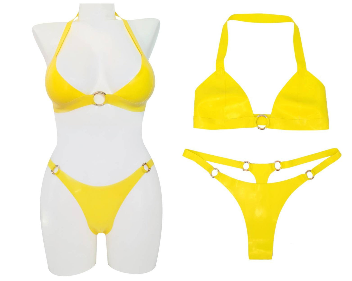 Latex top and thong bikini set with rings (silver, gold or rainbow rings) - Lottielatex