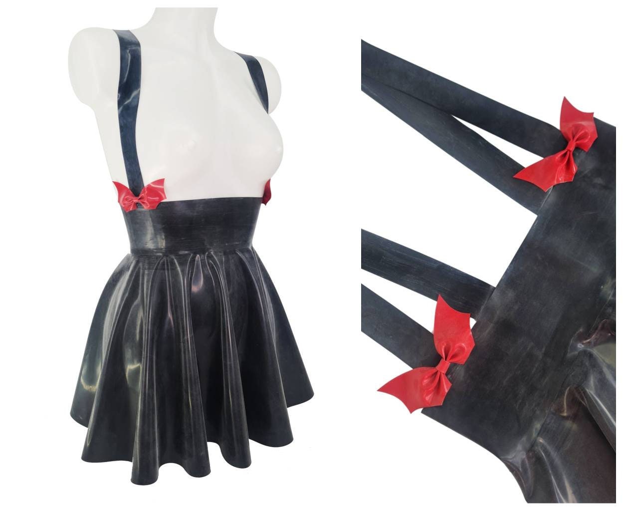 Bat bows high waist latex full circle mini skater skirt with braces - Lottielatex