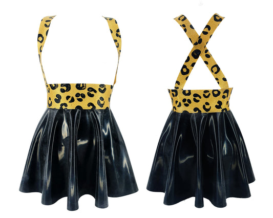 CLEARANCE size XS Gold glitter leopard high waist latex full circle mini skater skirt with braces