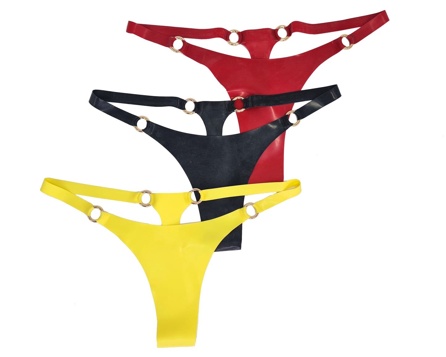Latex thong with rings (silver, gold or rainbow rings)
