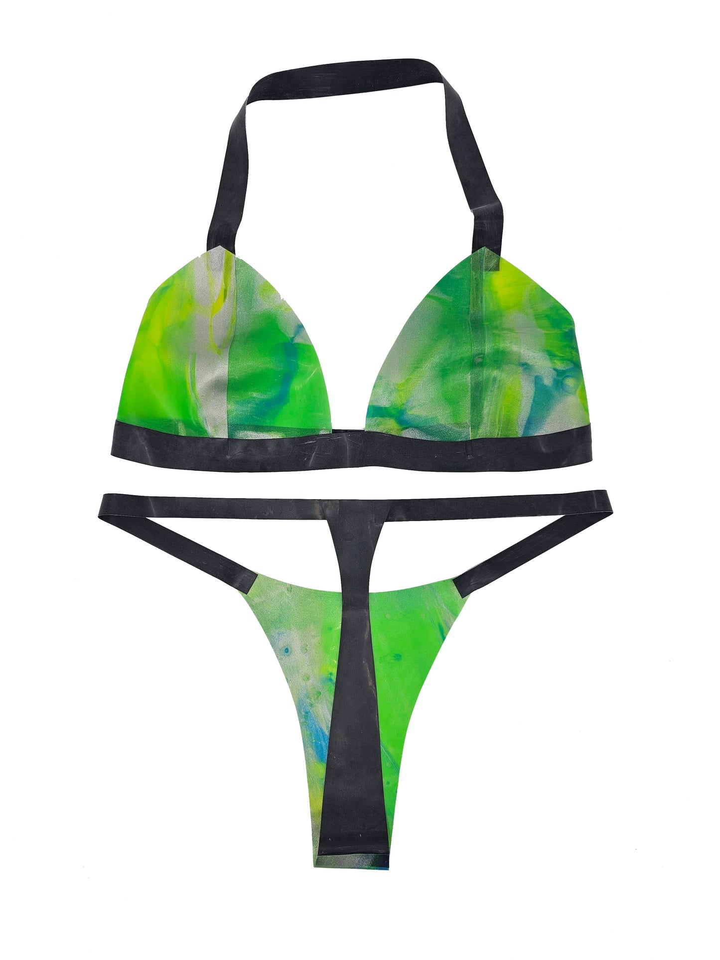 CLEARANCE sizes XS to XL Latex uv green galaxy thong bikini set - Lottielatex