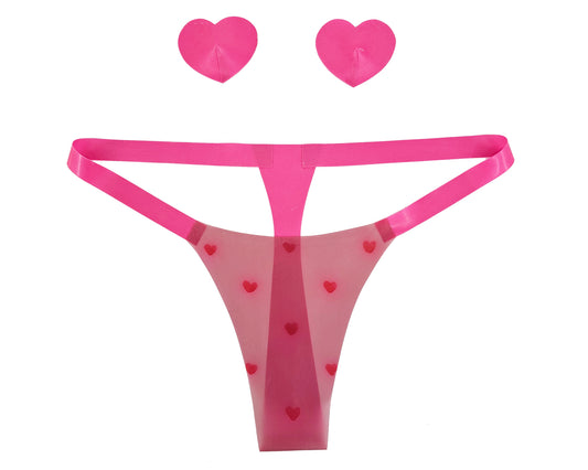 CLEARANCE sizes XS to XL Heart latex thong and pasties gift set