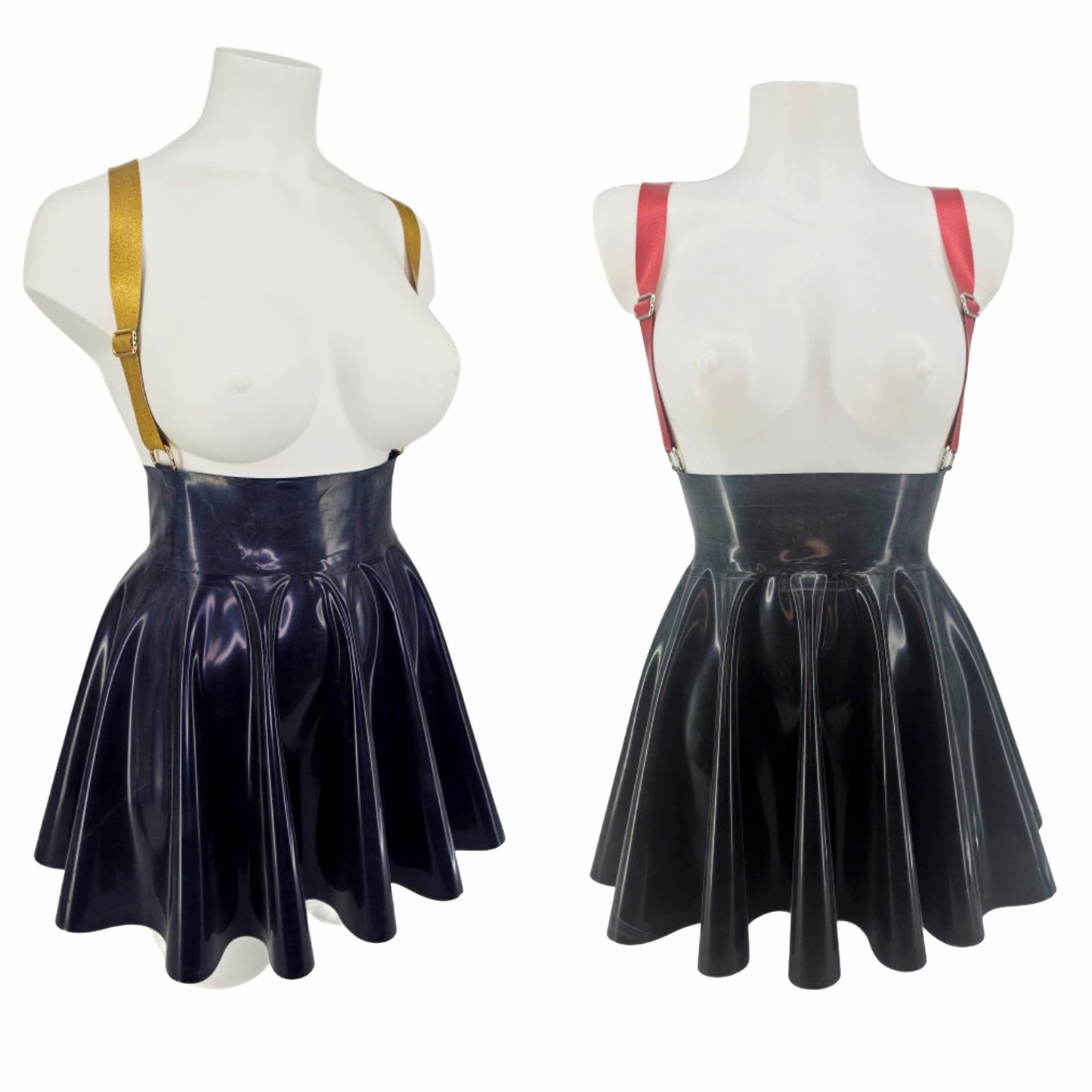 High waist latex full circle mini skater skirt with adjustable braces (silver, gold or rainbow rings)