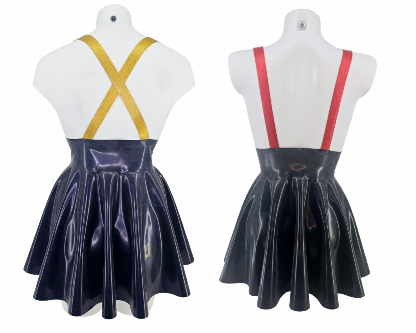 High waist latex full circle mini skater skirt with adjustable braces (silver, gold or rainbow rings)