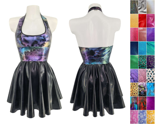 Glitter or pattern latex halter mini skater dress - Lottie Latex - latex dress handmade in Belgium