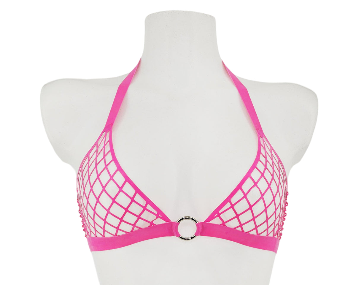 Lasercut latex fishnet halter bikini top with ring (silver, gold or ra ...