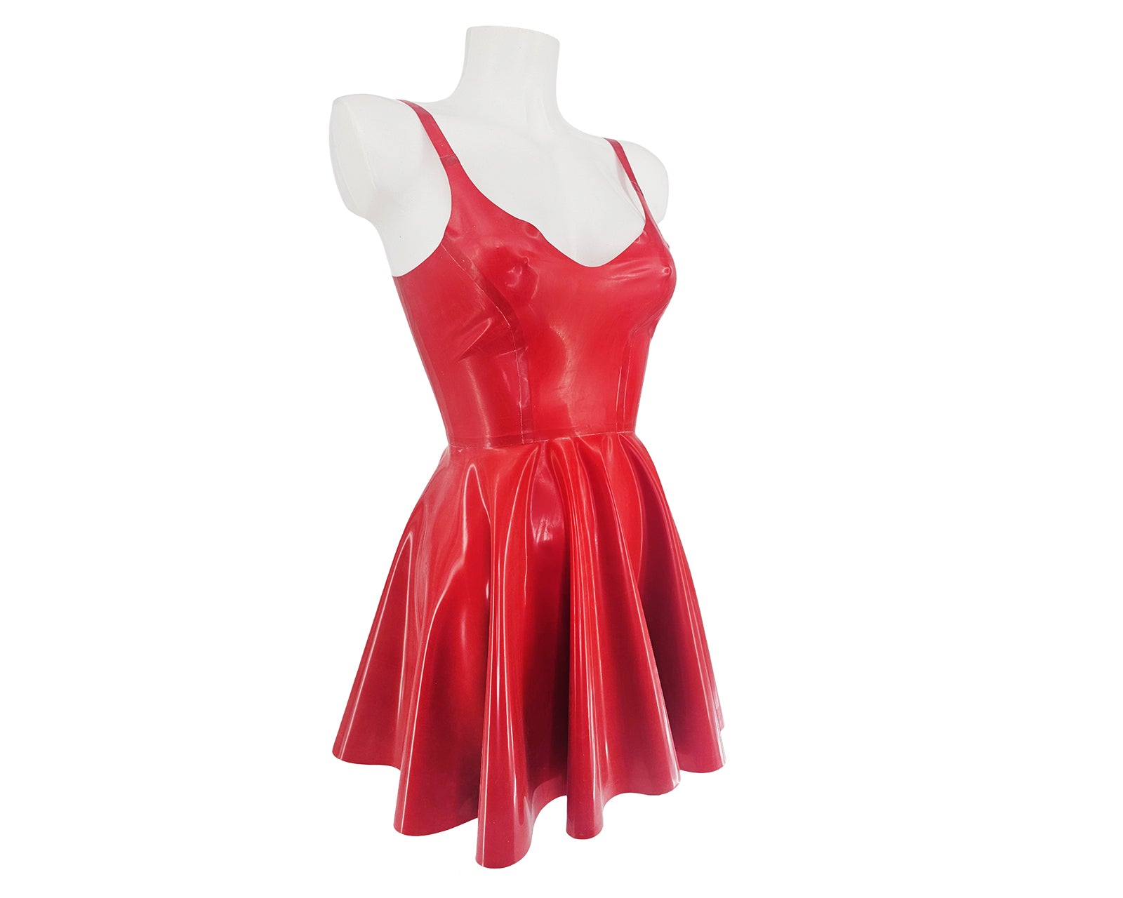 Latex skater dress with full circle skirt and panelled sweethart top S / metallic green