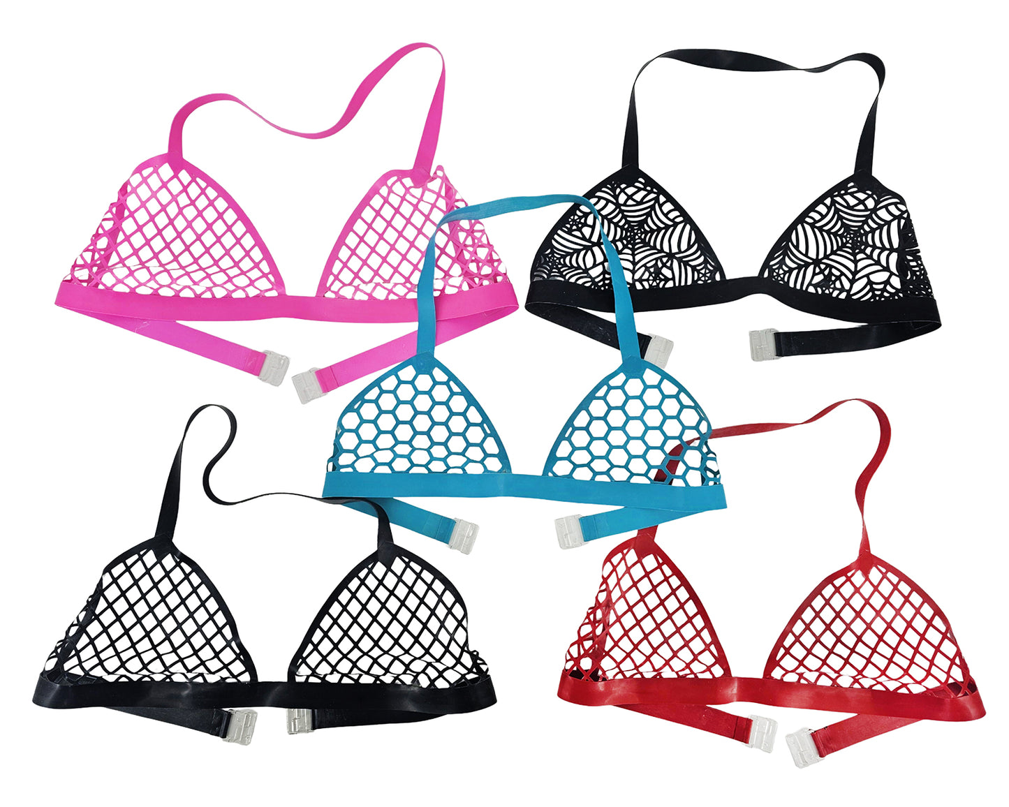 Haut de bikini dos nu en résille de latex découpé au laser