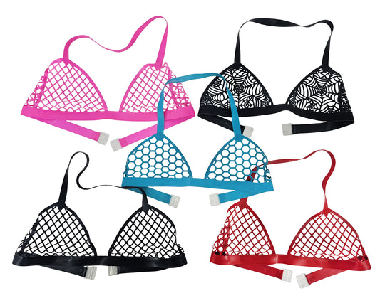 Haut de bikini dos nu en résille de latex découpé au laser