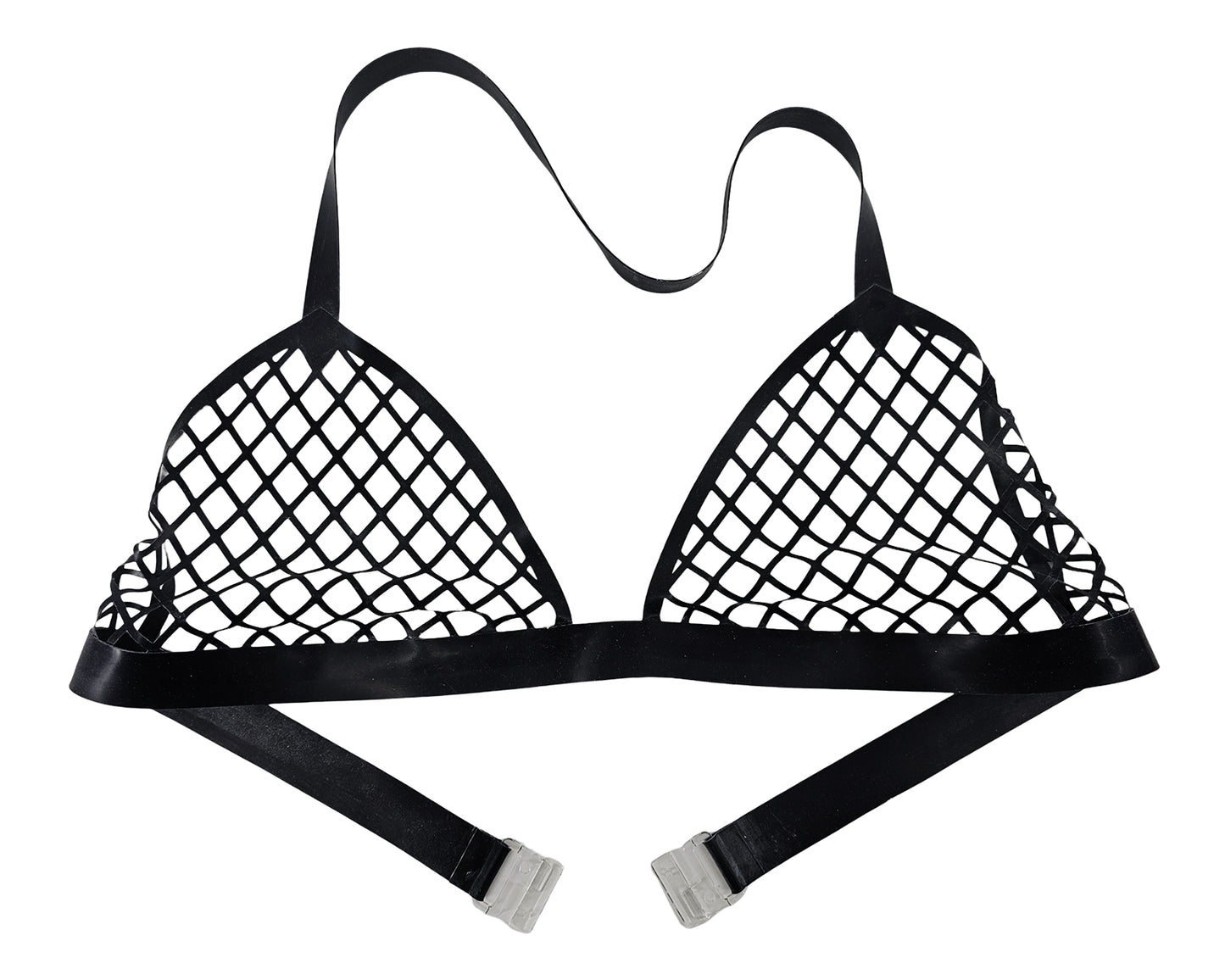 Haut de bikini dos nu en résille de latex découpé au laser