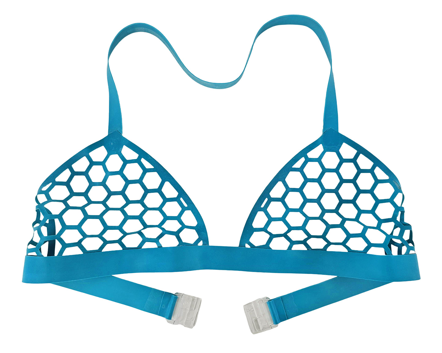 Haut de bikini dos nu en résille de latex découpé au laser