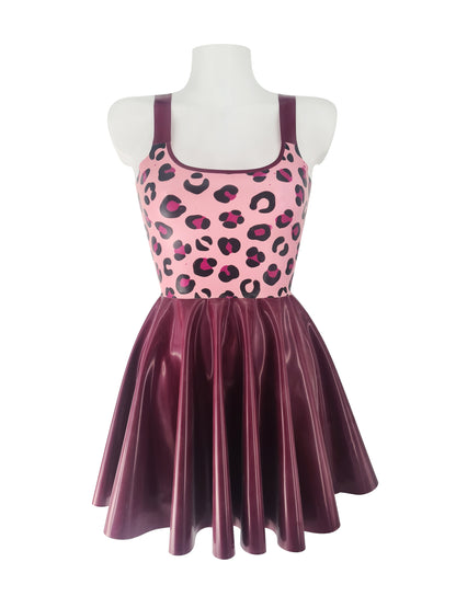 READY TO SHIP Size S Pink leopard latex vest mini skater dress