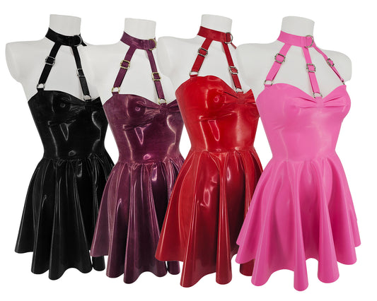 Robe patineuse bandeau avec harnais en latex (accessoires argentés, dorés ou arc-en-ciel)