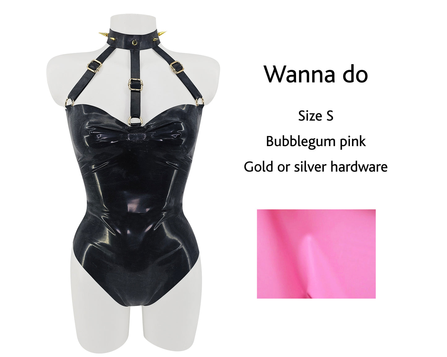 Size S bubblegum pink latex spike harness bandeau bodysuit