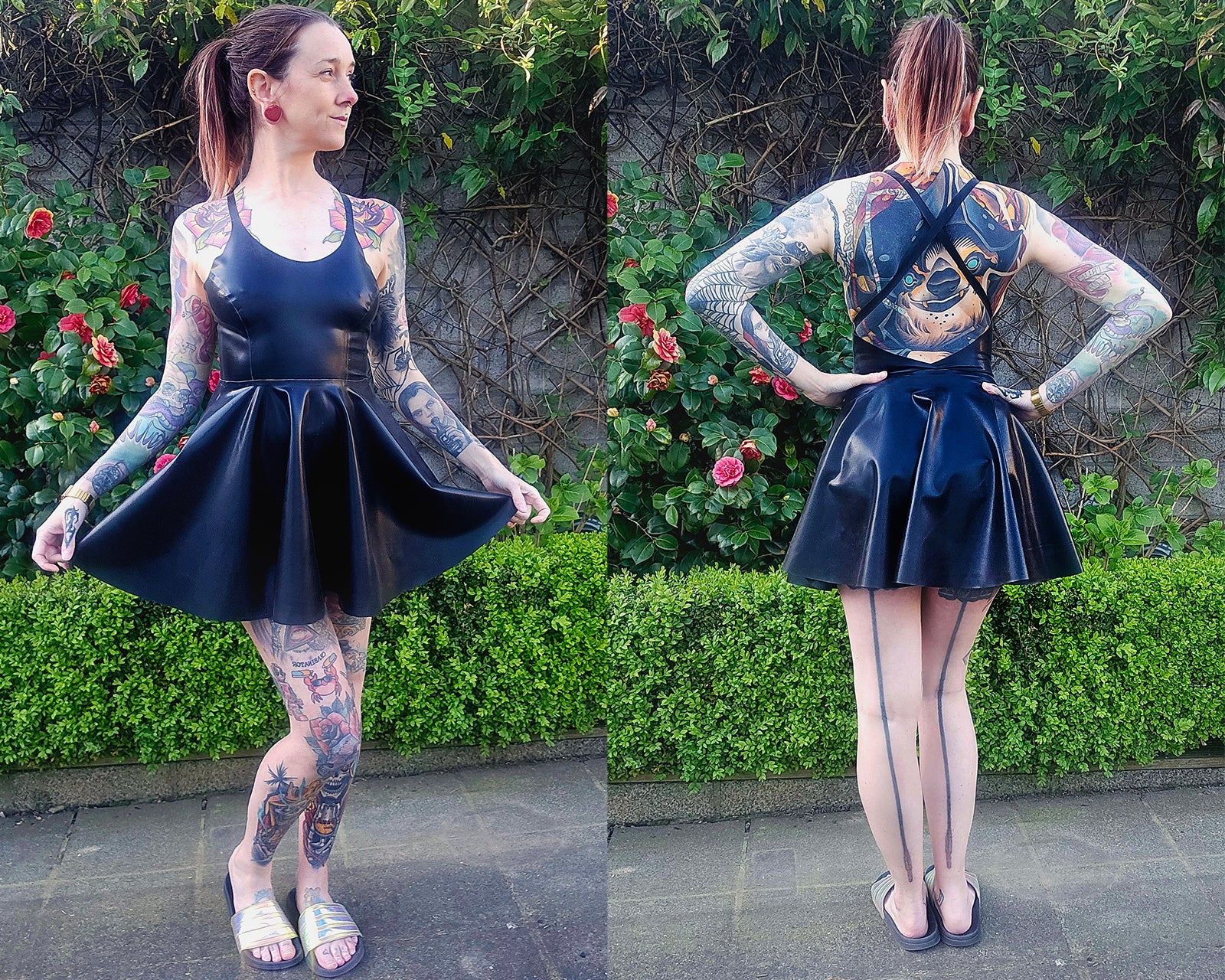 latex skater dress with low open back and crossed straps, handmade in Belgium