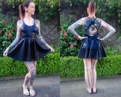 latex skater dress with low open back and crossed straps, handmade in Belgium