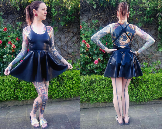 latex skater dress with low open back and crossed straps, handmade in Belgium