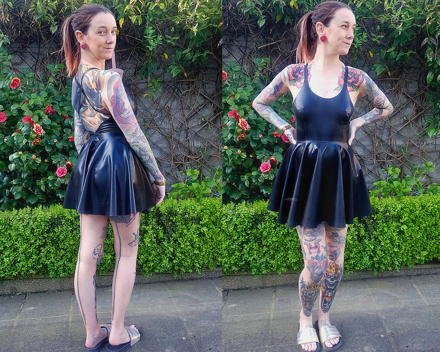 latex skater dress with low open back and crossed straps