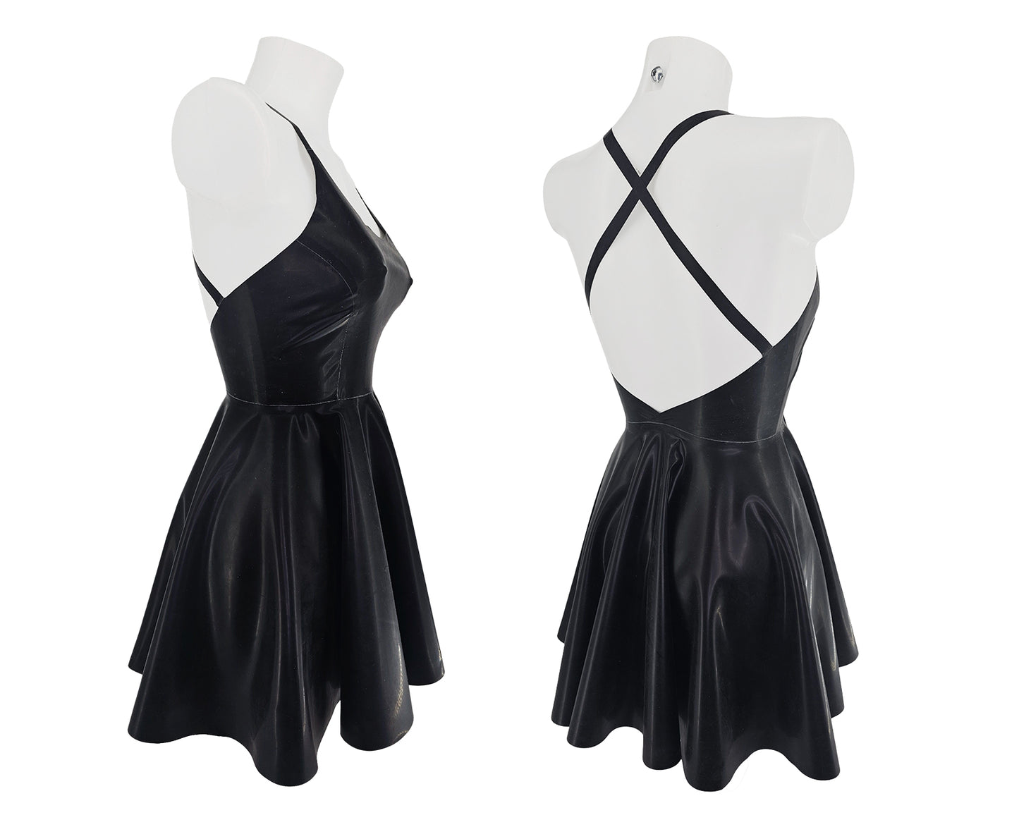 low open back latex skater dress with crossed straps