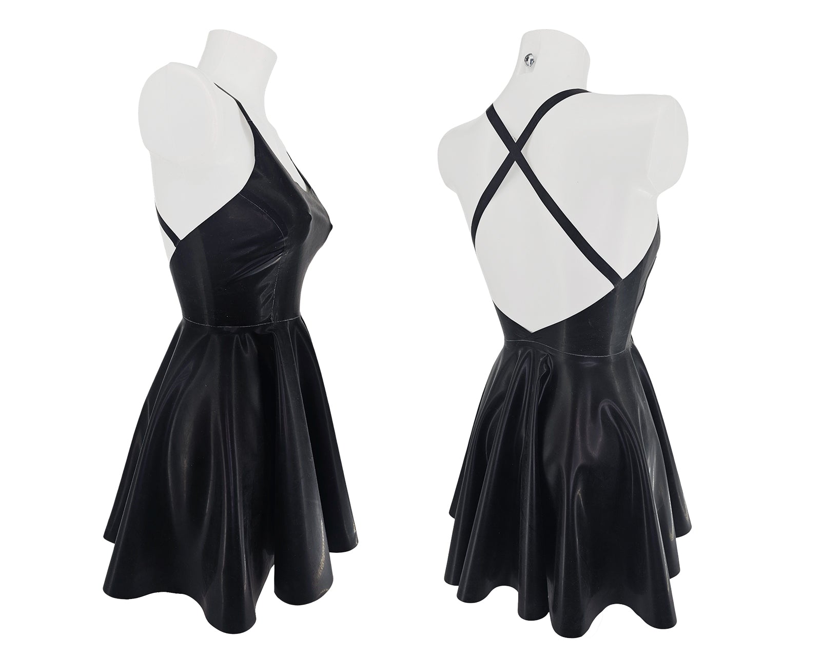 low open back latex skater dress with crossed straps